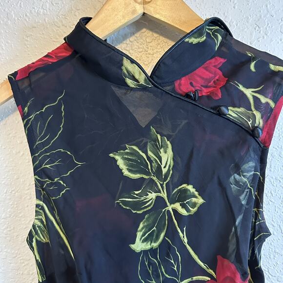 Vtg CACHE Dress Black Sheer Mesh Maxi 4 Rose Flowers 90's Goth Homecoming Y2K - Picture 5 of 7